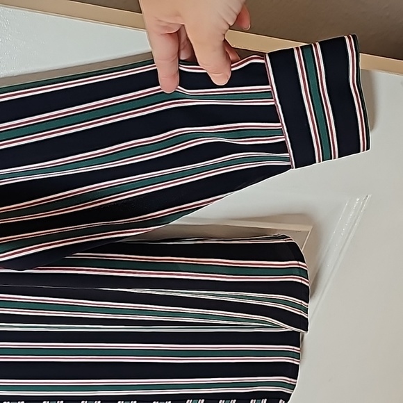 Express m navy blue/green/reddish pink striped long sleeve blouse - Picture 8 of 13